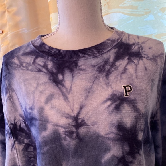 PINK VICTORIA SECRET TIE DYE CROP TOP BLUE SWEATSHIRT DRAWSTRING WAIST SMALL - Picture 2 of 6